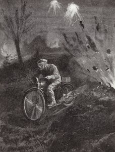 Underkorporal C C Parrott bærer budskaber på sin motorcykel langs veje, der er fejet af granatild, Første Verdenskrig